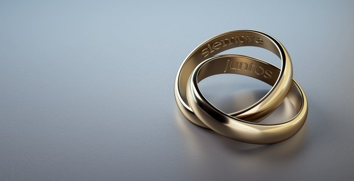 Dos anillos de boda entrelazados con frase siempre juntos en español #2