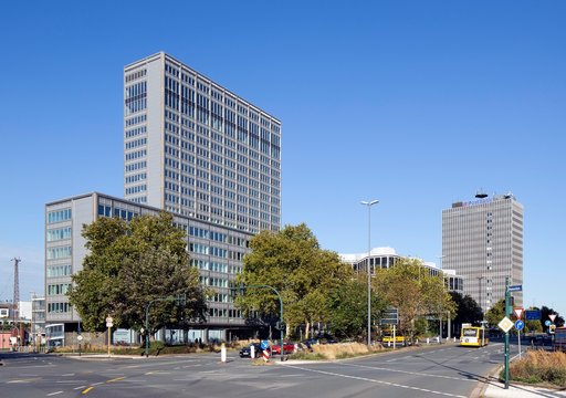 Rheinstahlhaus, office tower of the ThyssenKrupp Group and Postal Check Office or Postbank Tower, Essen, Ruhr area, North Rhine-Westphalia, Germany, Europe