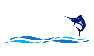 Vector of swordfish jump logo with wave in the ocean template