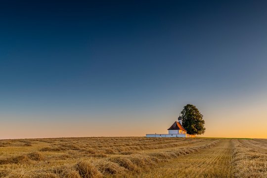 Sank Walburga Chapel in cornfield at Blue Hour, Kaufering, Bavaria, Germany, Europe
