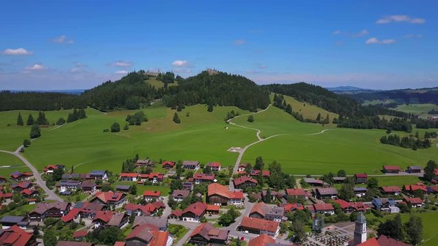 Aerial view of Eisenberg and castle ruins, Allgau Alps, Allgau, Swabia, Bavaria, Germany, Europe
