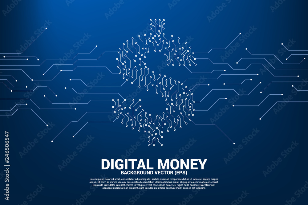 Poster Vector money dollar icon from dot connect line circuit board style. Concept for financial network connection.