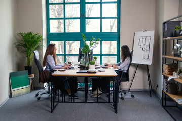 Two caucasian business women typing on the computer during working in the modern architect office.