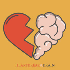 Heartbreak vector. Broken Heart and Brain flat modern icon logo vector design. Interaction between soul and intelligence, emotions, loneliness, divorce, broken relationship, rational thinking