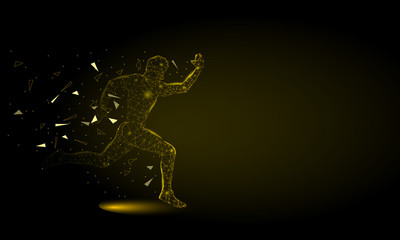 Abstract Sprinter futuristic background with low-poly, polygon and triangle. Sport runner concept from dots, circles and lines. Molecular concept. Wireframe light connection structure vector 