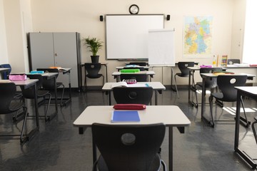 Classroom with desk and whiteboard in school