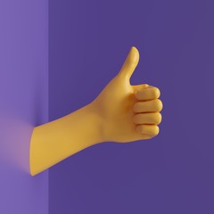 3d render, female hand isolated, thumb up, like gesture, jewelry shop display, minimal fashion background, mannequin body part, show, presentation, violet yellow bright colors