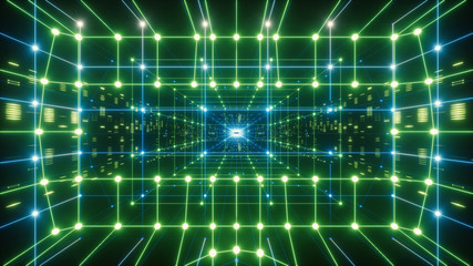 Fototapeta premium 3d render, colorful neon virtual reality tunnel, abstract geometric background. Virtual data with neon green blue lines and dots. Player begins the VR game. VR experience. Wireframe.