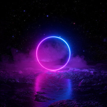 3d render, abstract background, cosmic landscape, round portal, pink blue neon light, virtual reality, energy source, glowing round frame, dark space, ultraviolet spectrum, laser ring, fog, ground