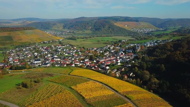 Aerial view of wine-village Ayl in autumn, Saar River, Saar Valley, Rhineland-Palatinate, Germany