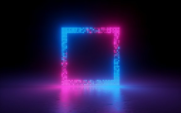 3d render, abstract background, screen pixels, glowing dots, neon light, virtual reality, ultraviolet spectrum, pink blue vibrant colors, laser show, square frame isolated on black