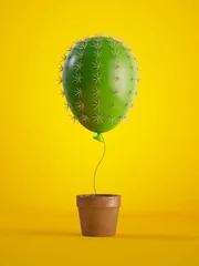 Foto op Plexiglas 3D render, groene cactus luchtballon groeien, potplant, geïsoleerd op gele achtergrond, metaforische concept, ontwerpelement, digitale afbeelding. © wacomka