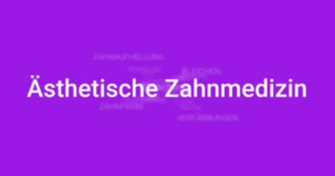Intro welches den Service eines Zahnarztes in der &auml;sthetischen Zahnmedizin zeigt (z.B. Keramik, Inlays, Kronen, Onlays, Lumineers). Lila Hintergrund, wei&szlig;e Schrift