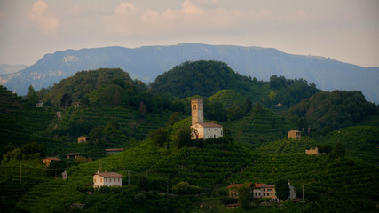 Fototapeta premium View of the green Prosecco wine hill - Saint Lorenz Church - Chiesetta di San Lorenzo - Farra di Soligo - Conegliano Valdobbiadene - Strada del Prosecco - Prosecco road
