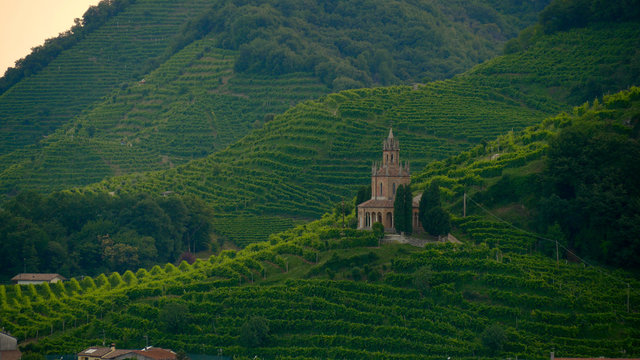 View of the green Prosecco wine hill - Saint Martin Temple - Tempio di S. Martino - Conegliano Valdobbiadene - Strada del Prosecco