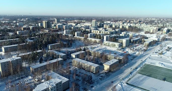 Espoo Finland, Flying over an area of concrete panel buildings on a winter day