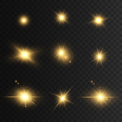 Set Glowing golden lights and stars. Isolated on  transparent background. Vector illustration, 