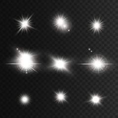 Set of white Glowing  lights and stars. Isolated on  transparent background. Vector illustration