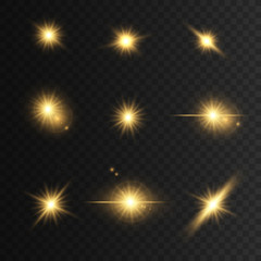 Set Glowing golden lights and stars. Isolated on  transparent background. Vector illustration, 