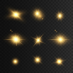 Set Glowing golden lights and stars. Isolated on  transparent background. Vector illustration, 