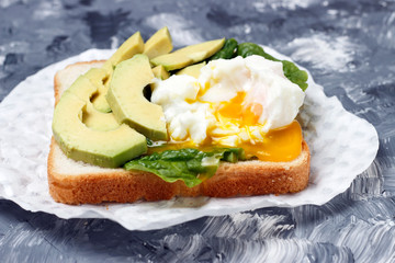 Sandwich with avocado and egg close-up, white and gray background