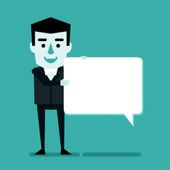 Smiling businessman holds blank speech bubble. Conversation, dialog concept. Flat style vector illustration