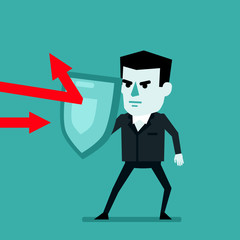 Businessman covers himself with shield from outside dangers. Insurance, financial security, protection from crisis concept. Flat style vector illustration