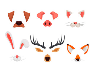 Animal faces set with ears and noses isolated on white background. Video chat effects and selfie filters. Funny masks of dog, pig, cat, rabbit, deer and fox - vector illustration