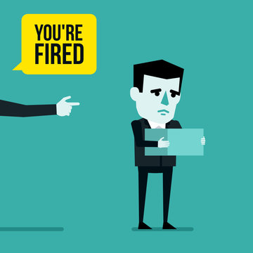 Employee gets fired from his work. Sad businessman holds box, hand pointing forward, you are fired text. Flat style vector illustration