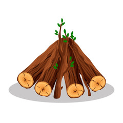 Stack of firewood materials for lumber industry isolated on white background. Pile of wood logs tree trunk, bonfire concept - flat vector illustration