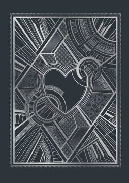 Silver and dark gray card with heart and art deco geometric ornament