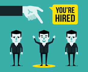 Giant hand pointing to one of three businessmen. You are hired text. Competition, interview, vacancy concept. Flat style vector illustration