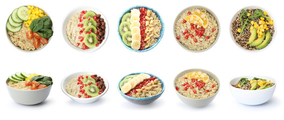 Set of bowls with healthy quinoa dishes isolated on white