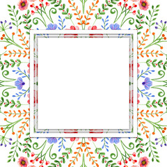 Watercolor frame with spring flowers and branches. Hand-drawn design
