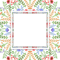Watercolor frame with spring flowers and branches. Hand-drawn design