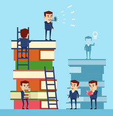 Cheerful businessman stands with loudspeaker on pile of books. Career success through education, benefits of knowledge. Flat style vector illustration