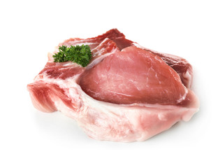 Raw steaks with parsley on white background. Fresh meat