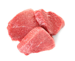 Raw meat on white background, top view
