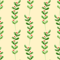 Seamless pattern with watercolor branches and berries on a yellow background. Hand-painted leaves ornament