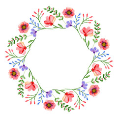 Watercolor wreath. Frame with spring flowers and branches. Circular hand-drawn design