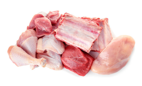 Various raw meats on white background, top view