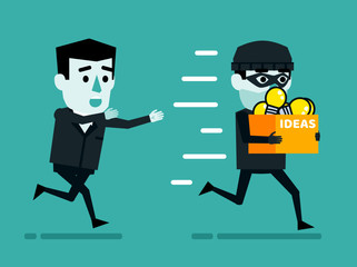 Theft of ideas, intellectual property thievery concept. Businessman chases thief who stole box full of idea light bulbs. Flat style vector illustration