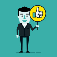 Cheerful businessman holds sign with like icon. Good rating, social media, vote, praise. Flat style vector illustration