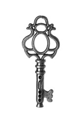 Steel vintage ornate key on white background