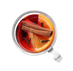 Glass cup of mulled wine isolated on white, top view