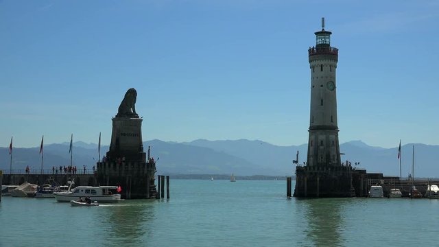 Harbour Entrance with Lighthouse and Lion Statue, Lindau, Lake Constance, Swabia, Bavaria, Germany