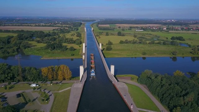 Aerial view of the crossing of Mittelland Channel and Elbe River near Magdeburg, Saxony-Anhalt, Germany