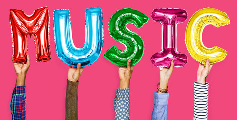 Hands showing music balloons word
