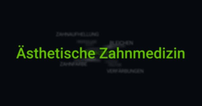 Animation welche den Service eines Zahnarztes in der &auml;sthetischen Zahnmedizin zeigt (z.B. Keramik, Inlay, Krone, F&uuml;llung, Lumineer). Schwarzer Hintergrund, gr&uuml;ner Text