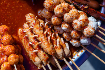 Fried food with sticks, Thai style food, Street food in Bangkok, Thailand